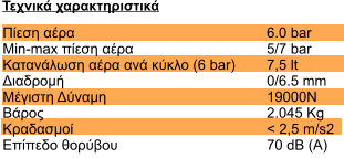 ����� ���� Min-max ����� ���� ���������� ���� ��� ����� (6 bar) �������� ������� ������ ����� ��������� ������� �������    6.0 bar 5/7 bar 7,5 lt 0/6.5 mm 19000N 2.045 Kg < 2,5 m/s2 70 dB (A)     ������� ��������������